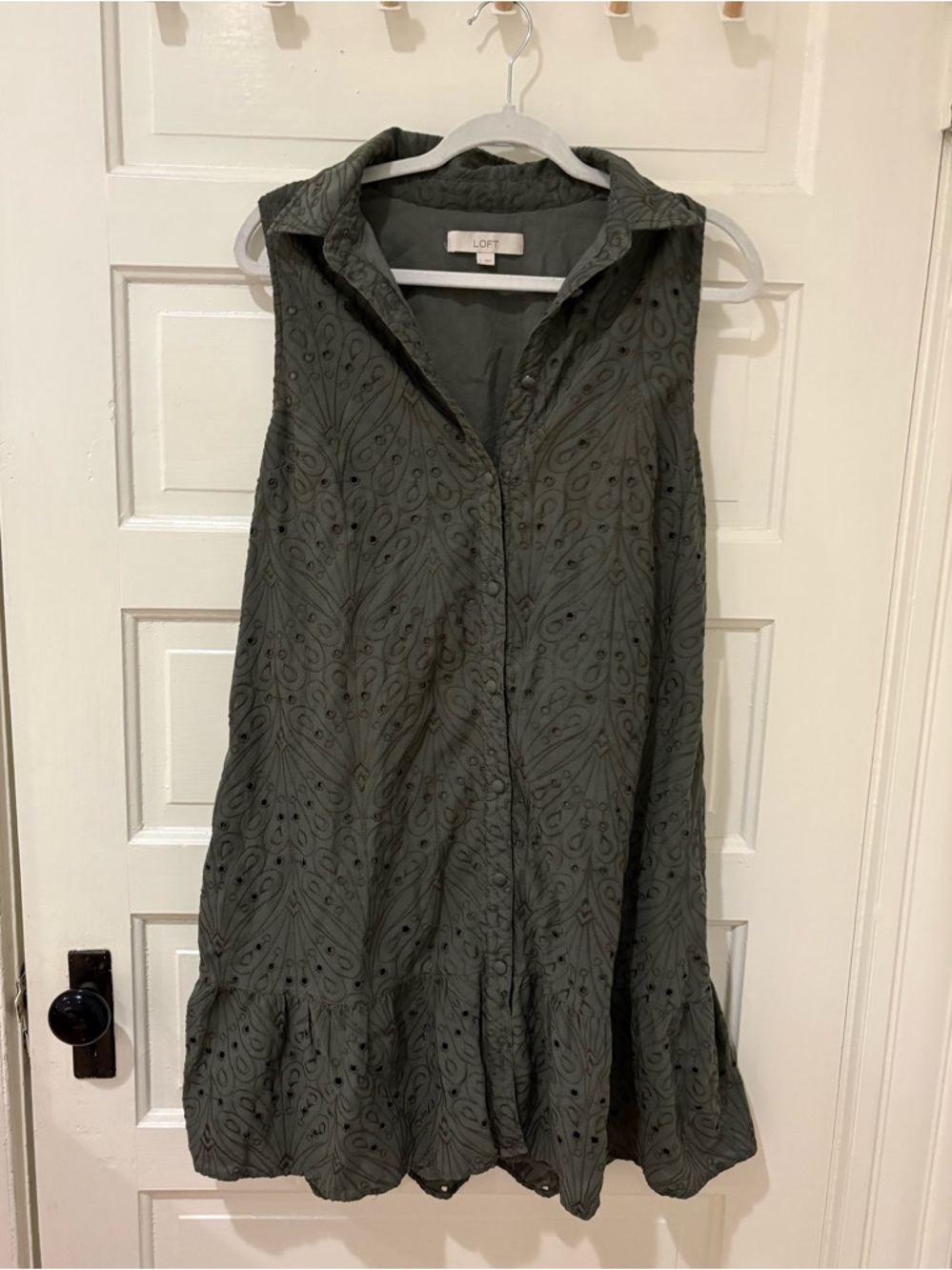 Olive Eyelet Sleeveless Shirt Dress with Tie Waist